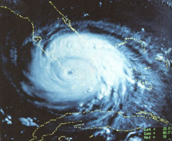 
A satellite image of Hurricane Andrew hitting southern Florida on August 23, 1992.
